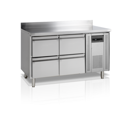 Table Réfrigérée Positive avec Dosseret en Inox - 4 Tiroirs GN 1/1 Table Réfrigérée Positive avec Dosseret en Inox - 4 Tiroirs GN 1/1
