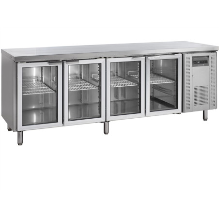 Table Réfrigérée avec Dosseret en Inox - 4 Portes Vitrées - GN 1/1 Table Réfrigérée avec Dosseret en Inox - 4 Portes Vitrées - GN 1/1