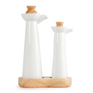 Bouteille Huile et Vinaigre Blanche avec Support en Bois et Bouchons