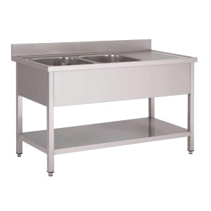 Plonge en Inox Avec Étagère Basse 2 Bacs À Gauche - L 1600 x P 700 mm