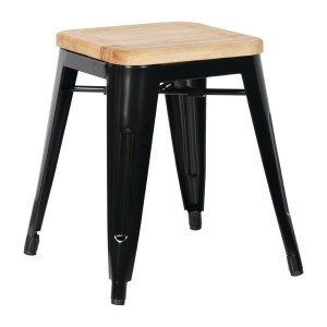 Tabourets Bistro Bas en Acier Noir avec Assise en Bois - Lot de 4