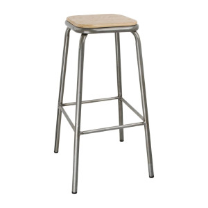 Tabouret Haut en Acier Galvanisé avec Assise en Bois - Lot de 4