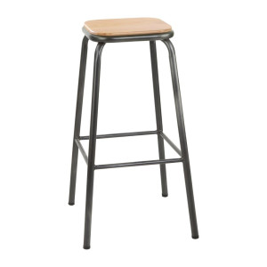 Tabouret Haut Gris Métallisé avec Assise en Bois - Lot de 4