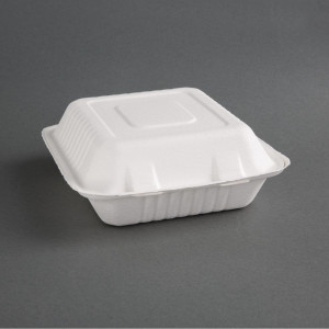 Boîtes 3 Compartiments avec Couvercle à Charnière Compostables Bagasse 201 mm - Lot de 200