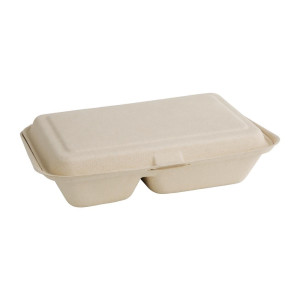 Boîtes 2 Compartiments avec Couvercle à Charnière Compostables Bagasse Naturel 253 mm - Lot de 200