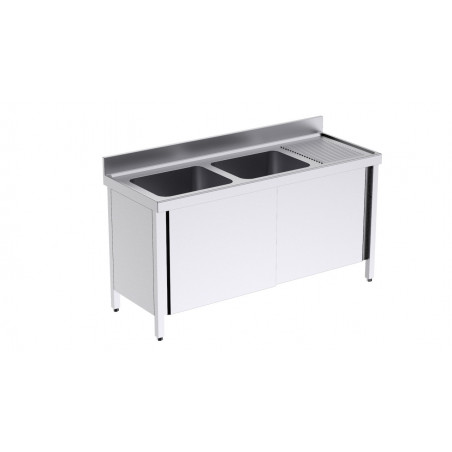 Plonge 2 Bacs avec Portes Coulissantes et Egouttoir à Droite - L 1400 x P 600 mm Distform - 1 Plonge 2 Bacs avec Portes Coulissantes et Egouttoir à Droite - L 1400 x P 600 mm Distform - 1