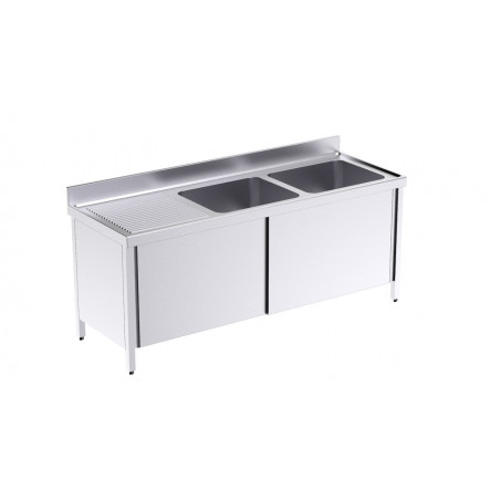 Plonge 2 Bacs avec Portes Coulissantes et Egouttoir à Gauche - L 1400 x 600 mm Distform - 1 Plonge 2 Bacs avec Portes Coulissantes et Egouttoir à Gauche - L 1400 x 600 mm Distform - 1